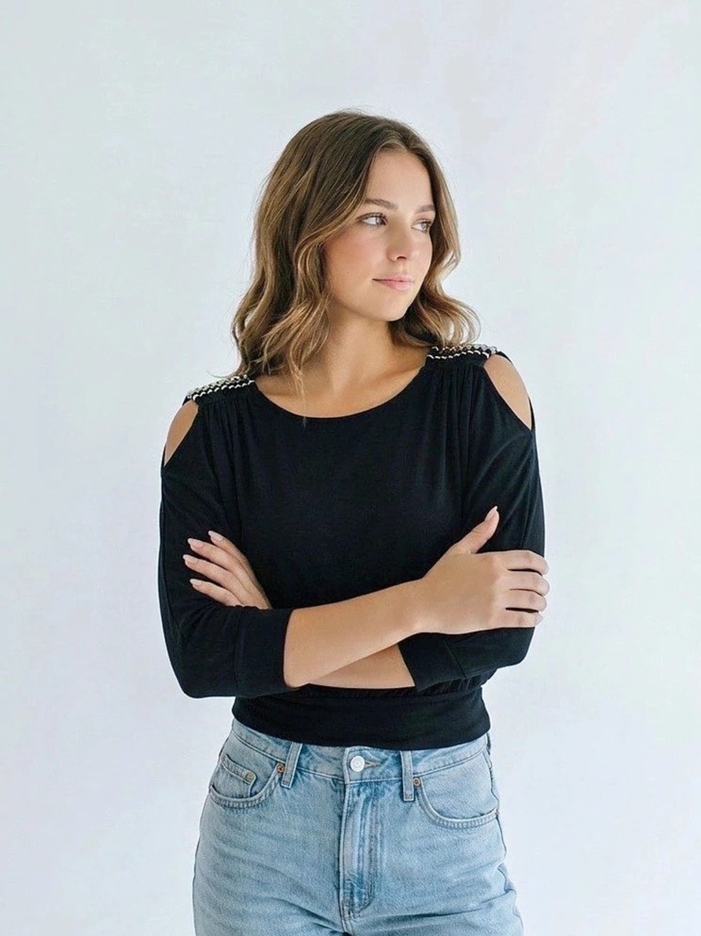 White House Black Market Black Open Shoulder with Silver Accents Size XXS🖤